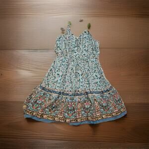 Floral Maxi Dress Women's XL Blue Pink Smocked Back Ric Rac Straps Boho Summer